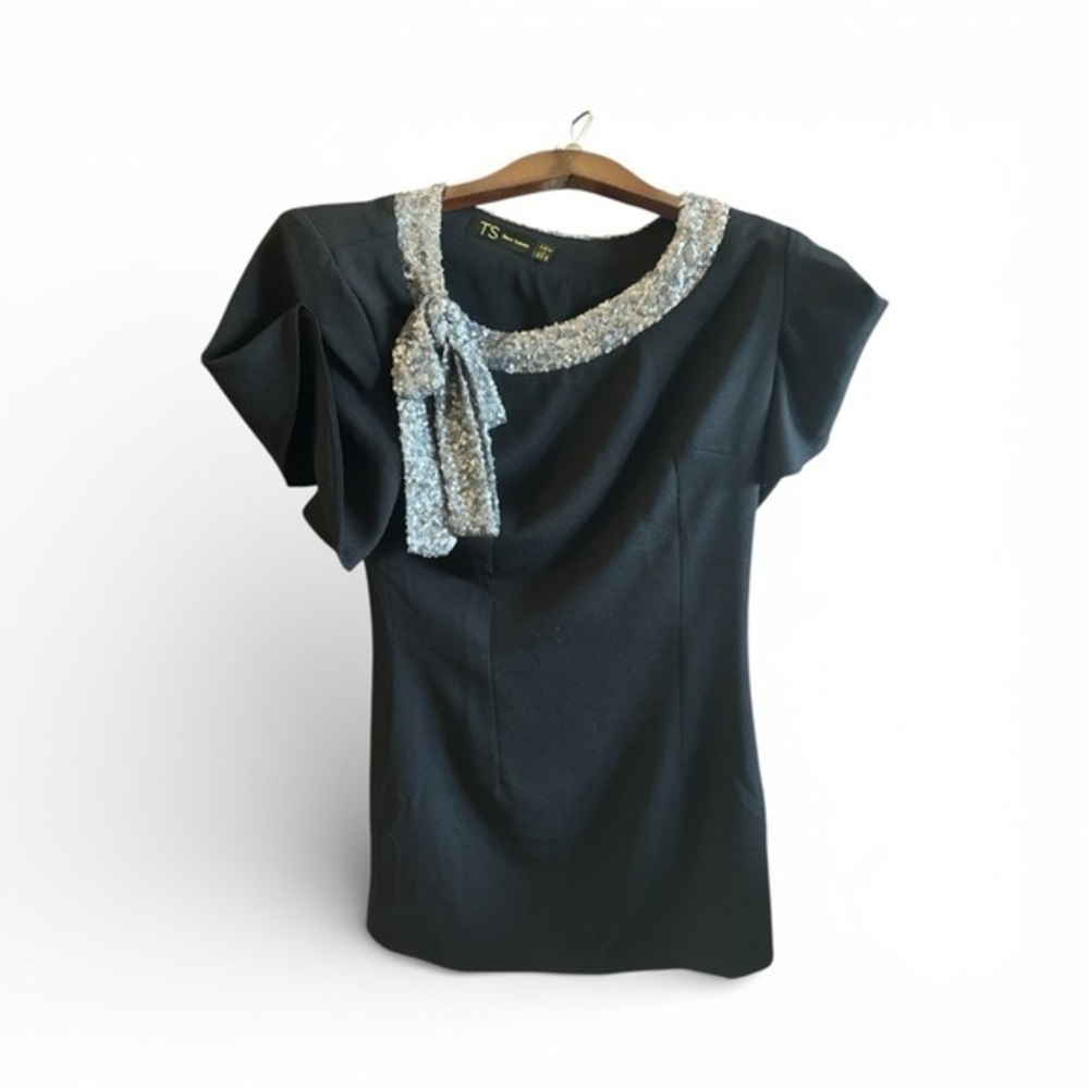 TS Three Seasons Women's Size Small Black Blouse with Silver Sequin Box Accents